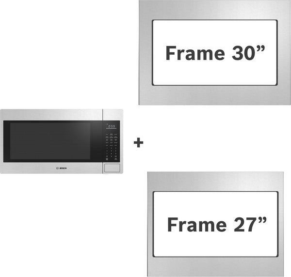 Built-in stainless steel microwave with digital control panel shown alongside 27 and 30-inch stainless steel frames for kitchen use