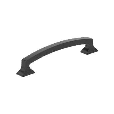 Matte black cabinet pull with curved bar and flared square bases for home improvement projects