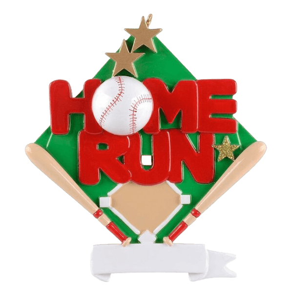 Green baseball diamond ornament with red "Home Run" text, crossed bats, stars, and white baseball for Christmas decor under $50