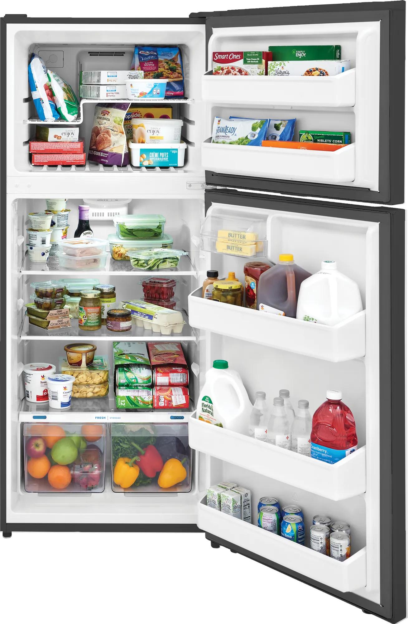Open top freezer refrigerator with organized shelves, door bins, and fresh groceries in kitchen appliance collection