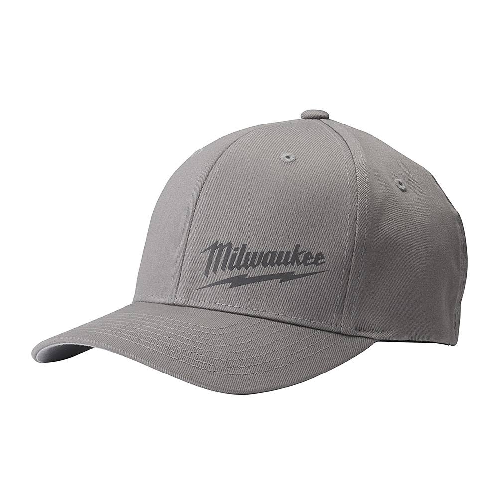 Gray fitted cap with embroidered Milwaukee logo, designed for comfort and casual wear in tools and home improvement settings