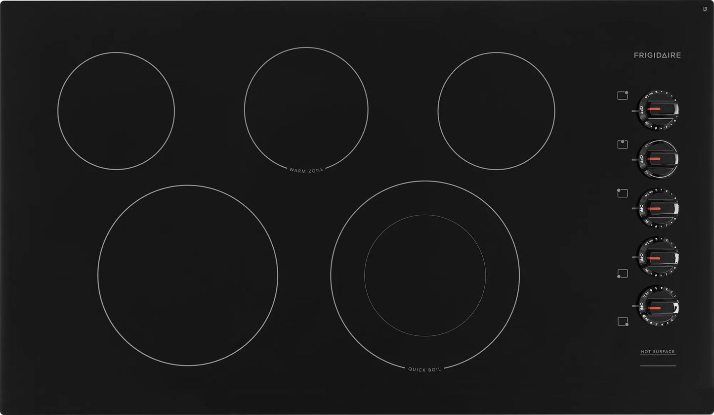 36" electric cooktop with five radiant zones, rotary knobs, and flexible cooking element from Cooktops and Appliances collections
