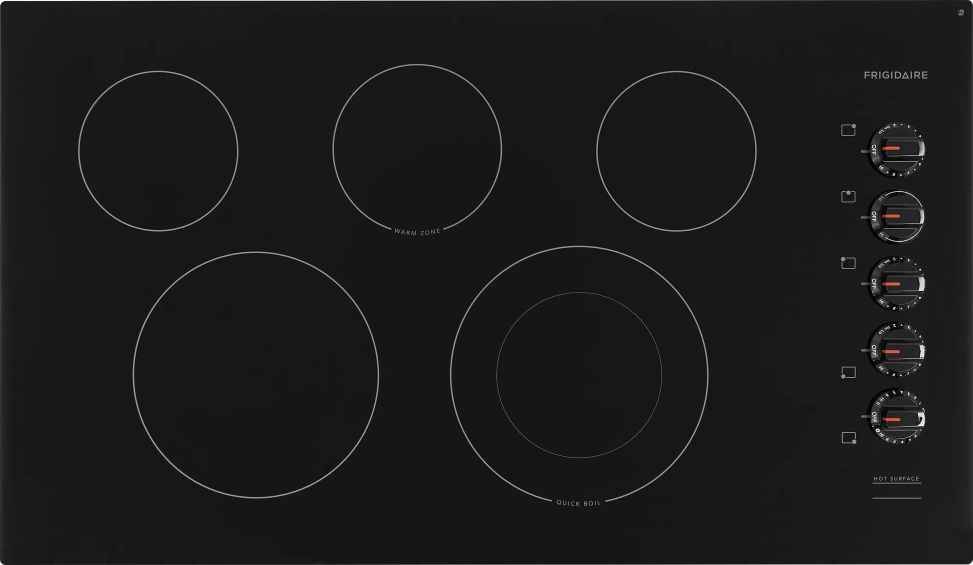 36" electric cooktop with five radiant zones, rotary knobs, and flexible cooking element from Cooktops and Appliances collections