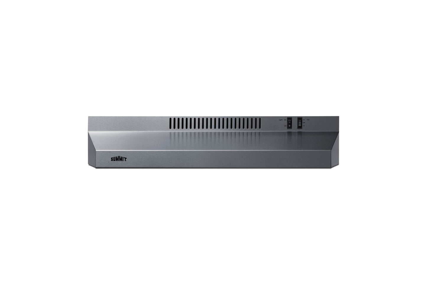 Stainless steel under cabinet range hood with vent grilles and control switches for kitchen ventilation appliances collection