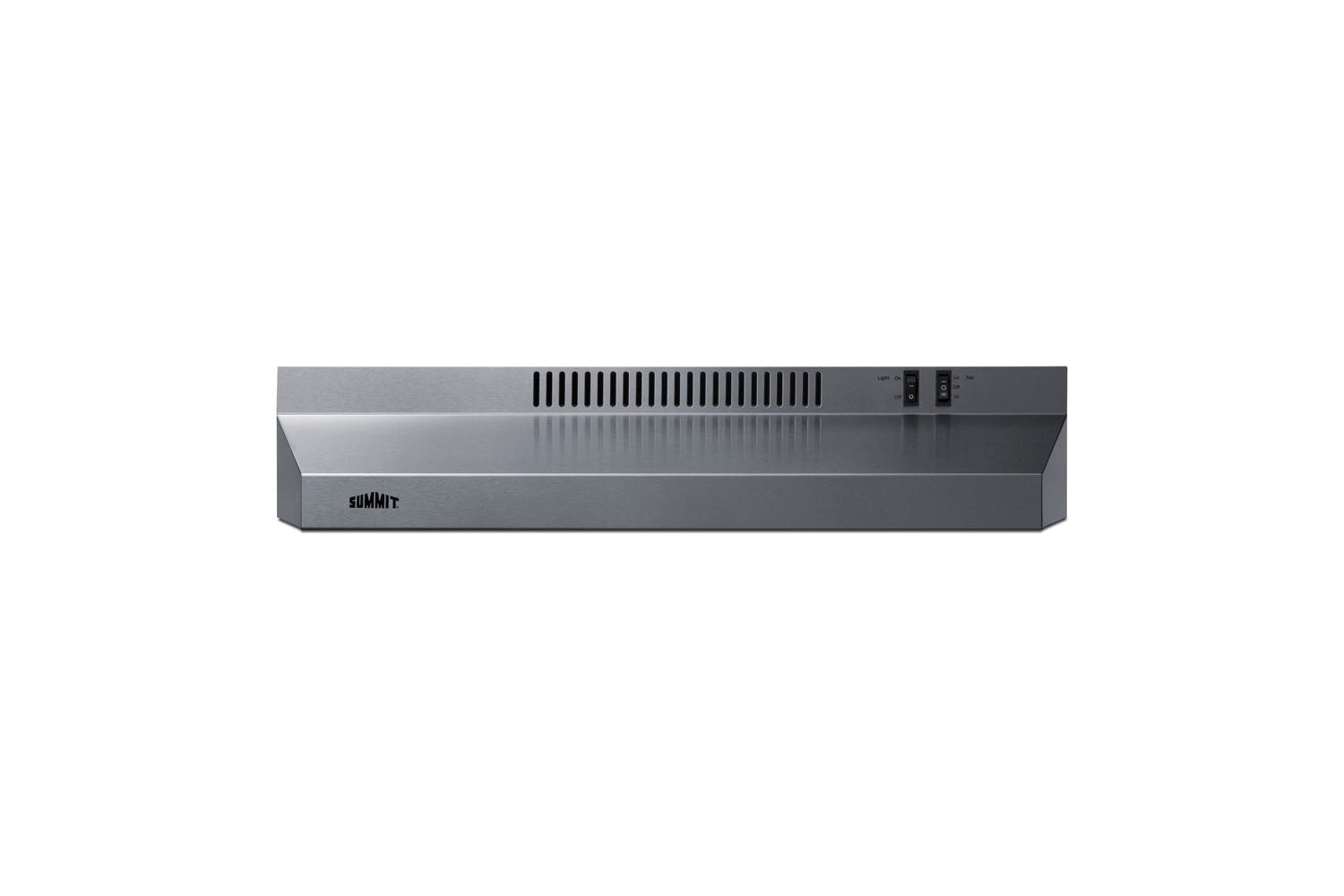 Stainless steel under cabinet range hood with vent grilles and control switches for kitchen ventilation appliances collection