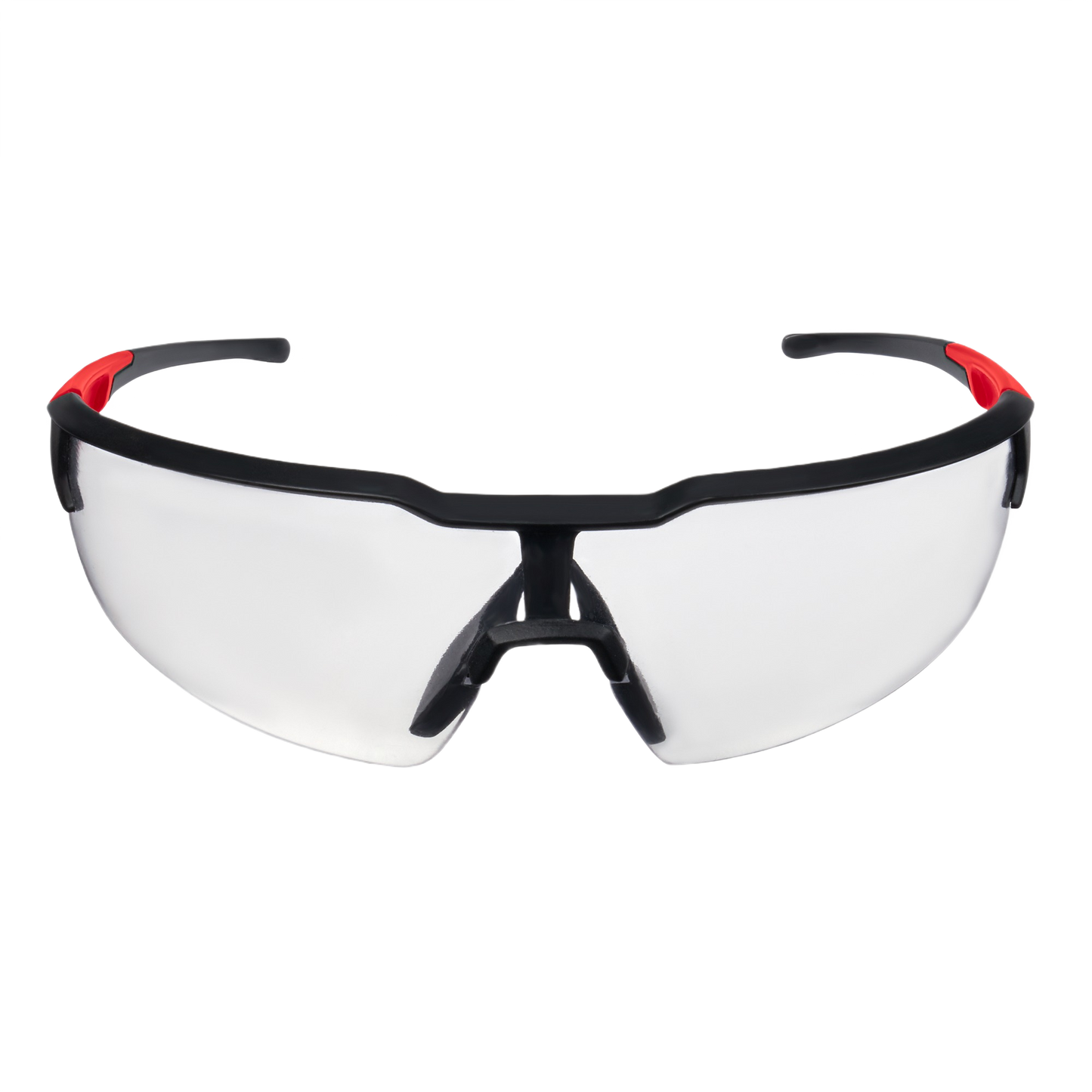 Clear safety glasses with fog-resistant lenses and black and red frame for protective eyewear and safety gear collections