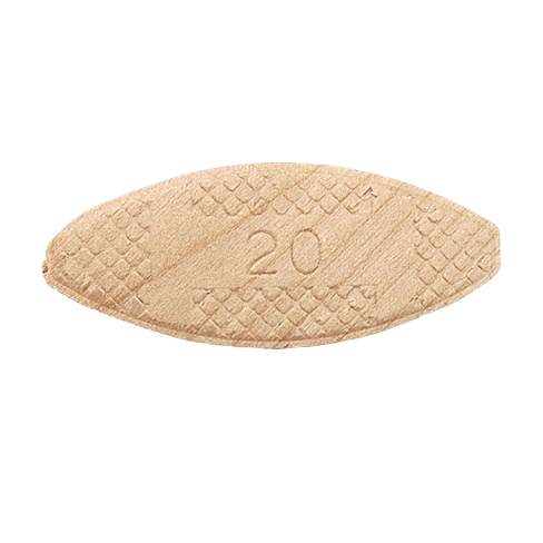 Wood veneer biscuit marked with size 20, used for woodworking tool accessories and home improvement projects