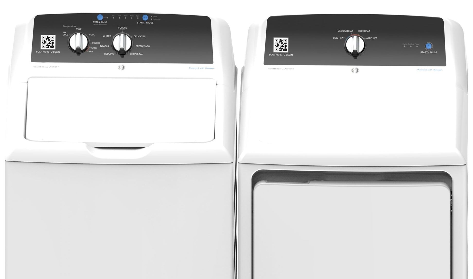 White commercial top load washer and matching dryer with black control panels from washers and appliances collections