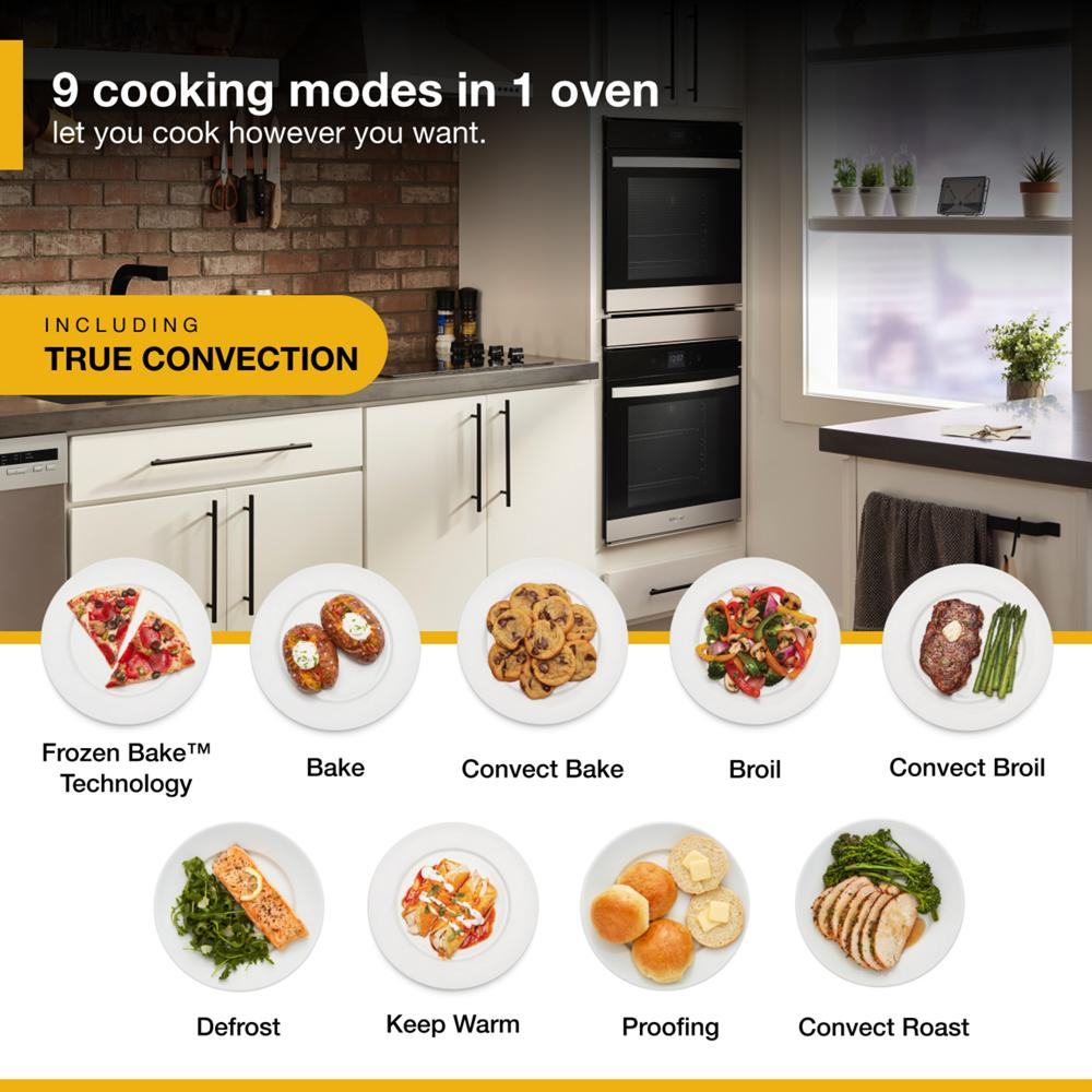 Modern kitchen with built-in double wall oven featuring nine cooking modes including true convection and self-cleaning options