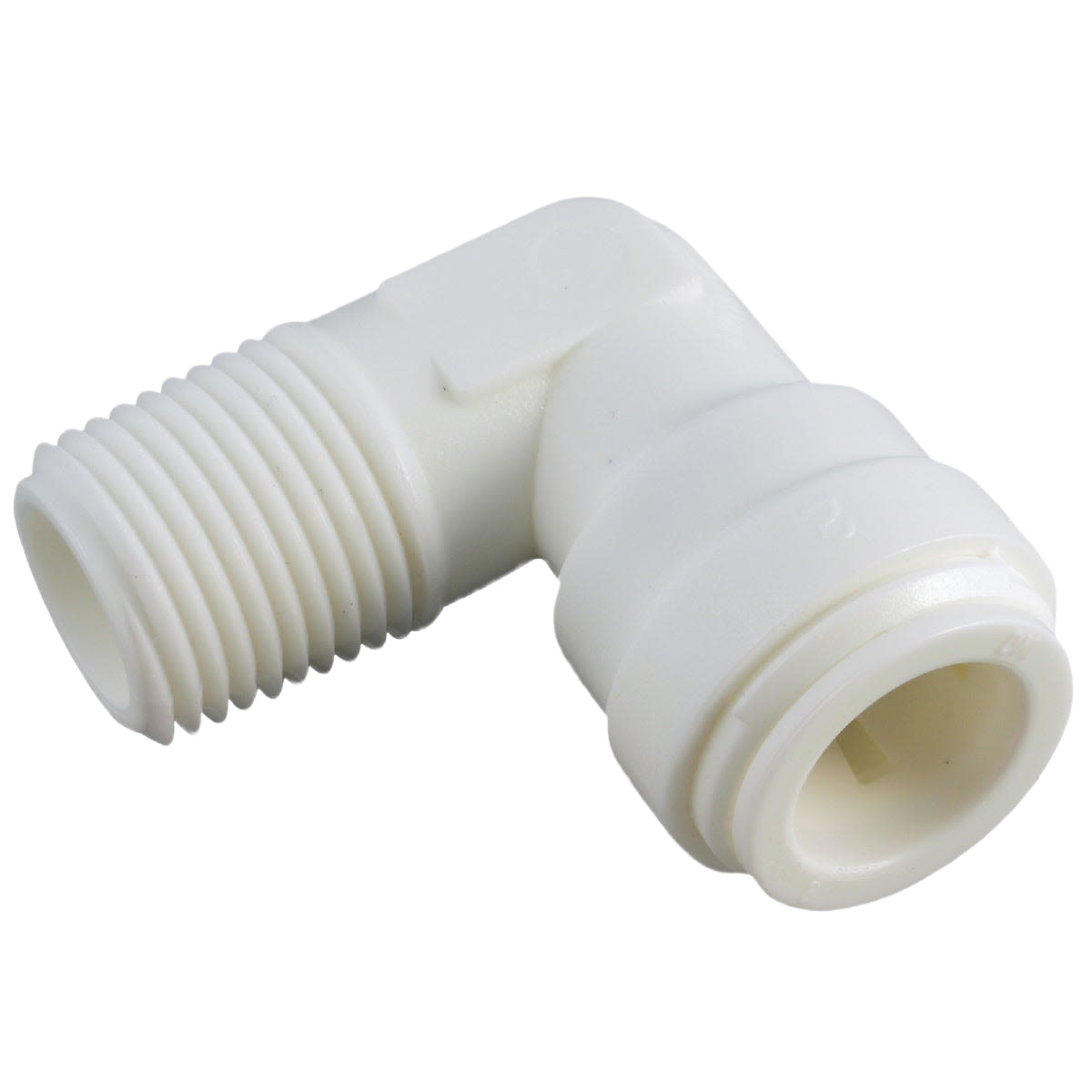 White plastic 90-degree push-in male elbow fitting for plumbing in pipes and fittings collection under $50