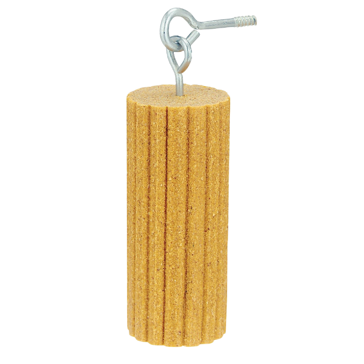 Cylindrical tan squirrel feeder log with metal screw eye for hanging in outdoor spaces