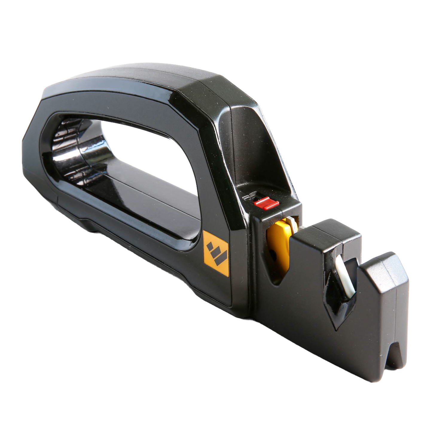 Black kitchen knife sharpener with ergonomic handle and dual-stage sharpening slots for precise blade maintenance and kitchenware use