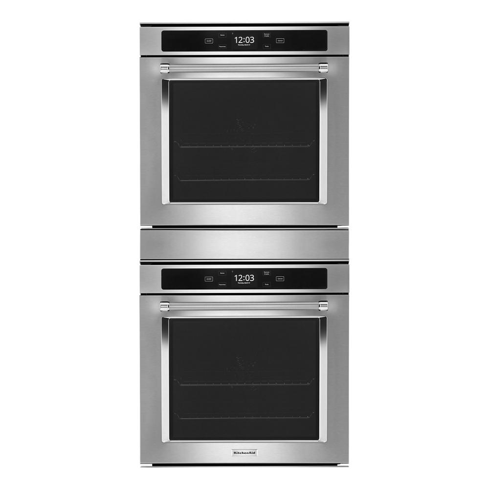 Stainless steel smart double wall oven with digital controls and five-level rack support from KitchenAid appliances collection
