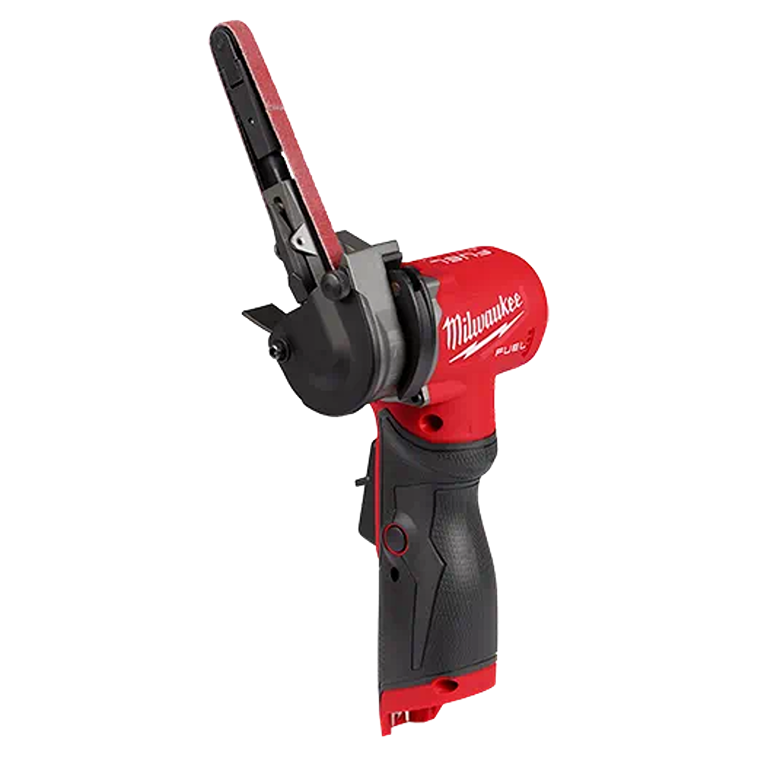 Compact cordless red and black bandfile tool designed for precision sanding in home improvement tasks