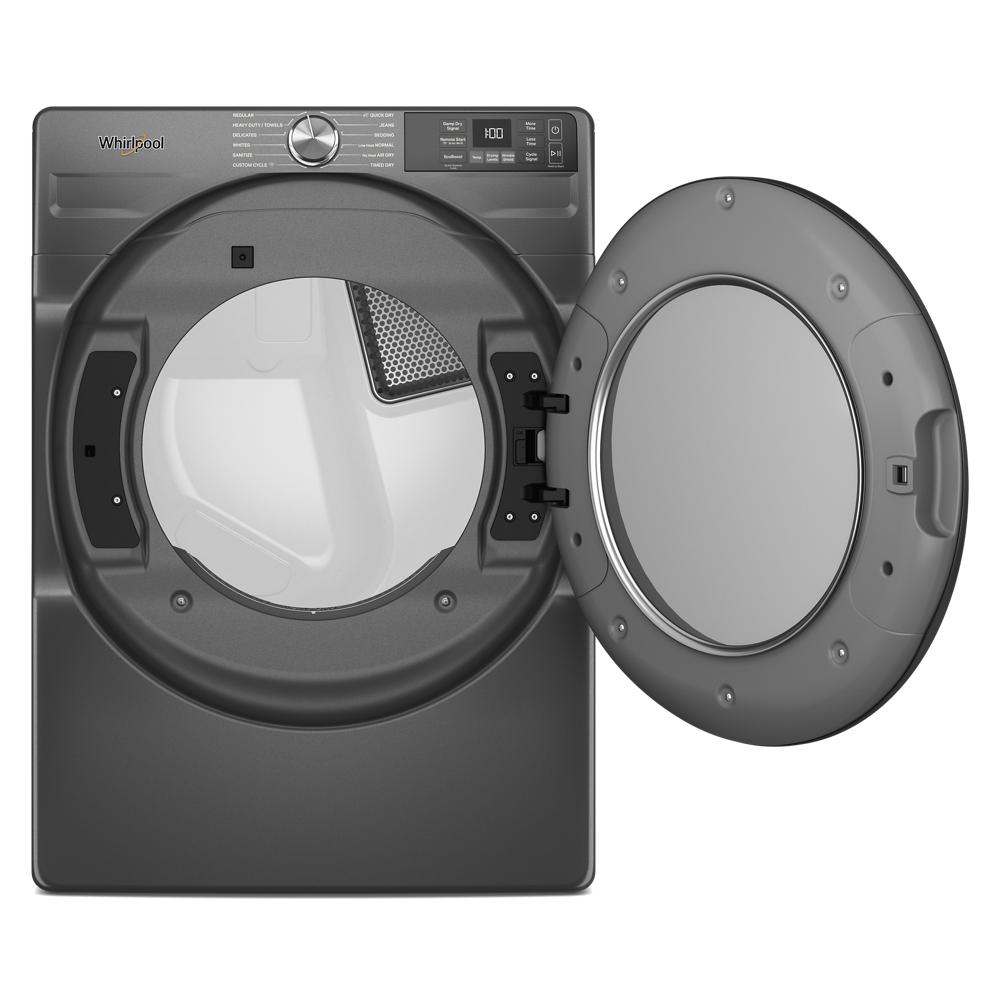 Open dark gray front load gas dryer door revealing interior drum and control panel for washers & dryers collection