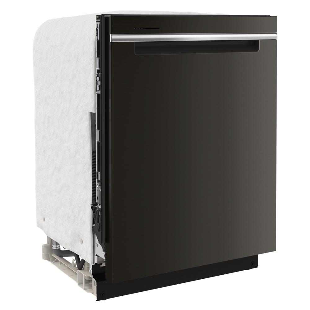 Black built-in dishwasher with sleek front panel and integrated handle for kitchen and home improvement use