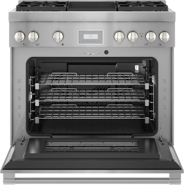36-inch stainless steel dual fuel range with open oven door and multiple racks from Thermador Ranges collection