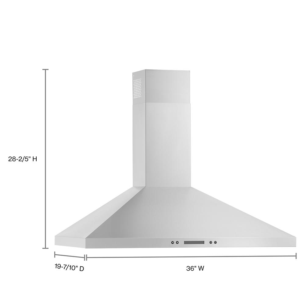 36-inch stainless steel wall mounted range hood with dishwasher-safe grease filters and digital controls