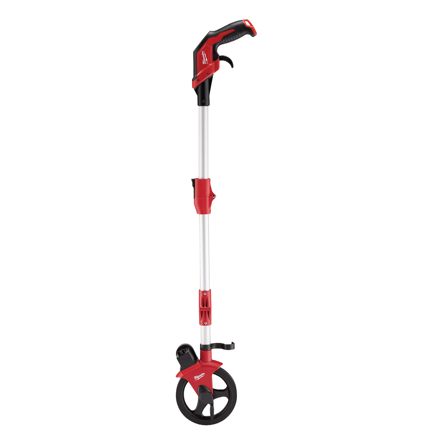 Red and silver Milwaukee measuring wheel with folding aluminum frame for durable use in woodworking and home improvement projects