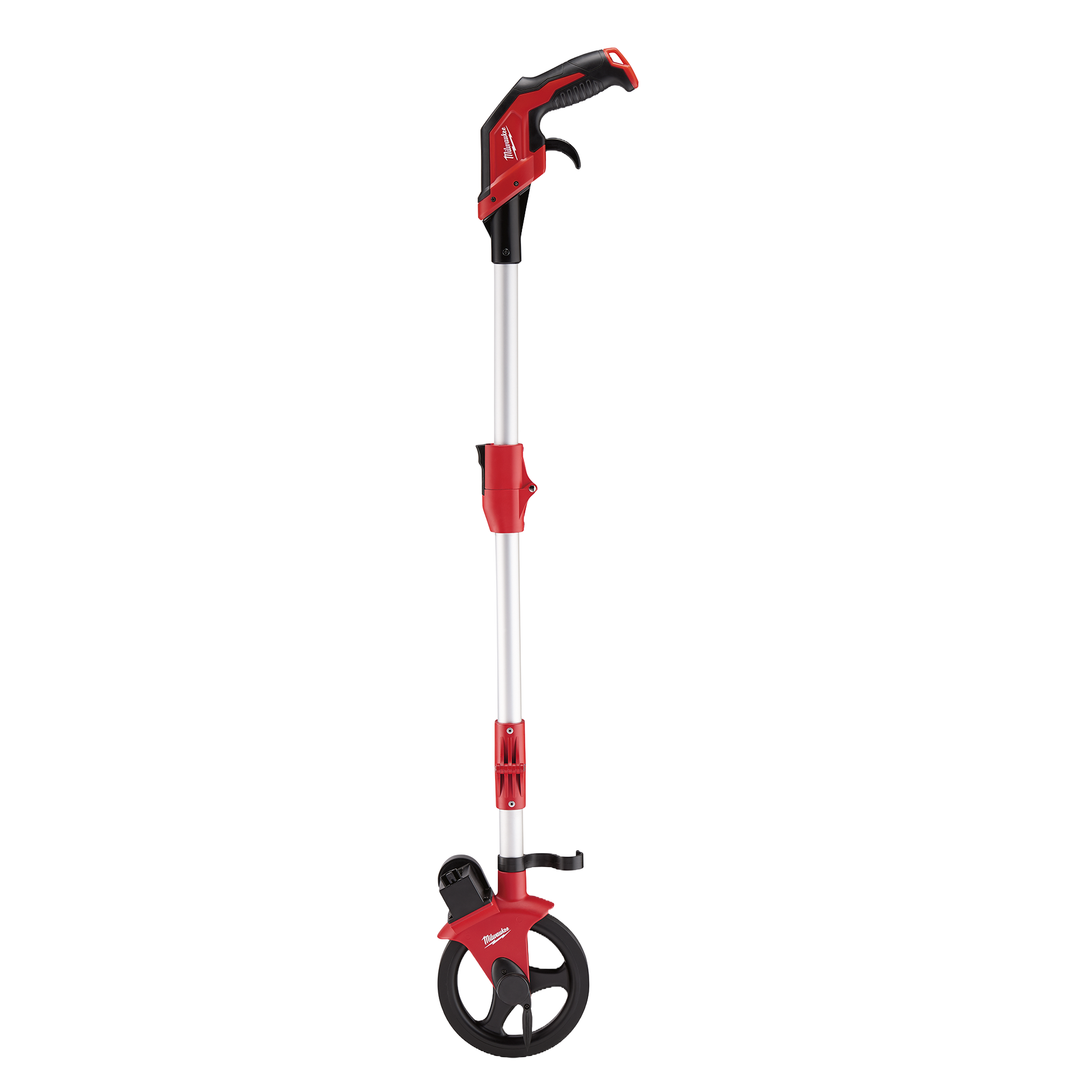 Red and silver Milwaukee measuring wheel with folding aluminum frame for durable use in woodworking and home improvement projects