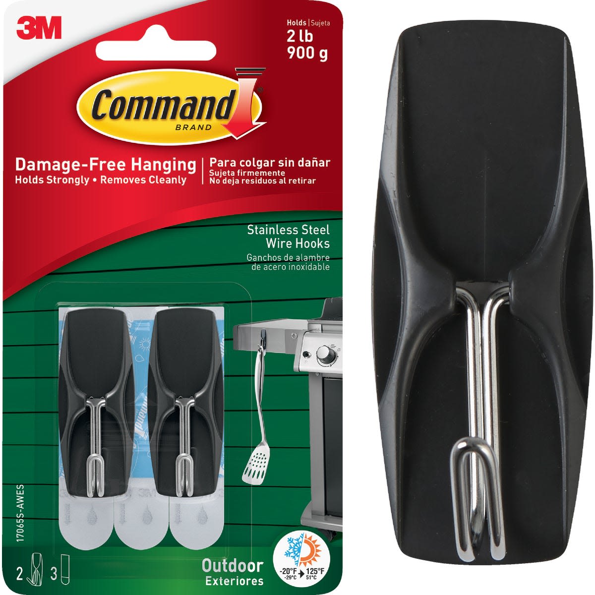 Two stainless steel wire hooks with black adhesive mounts for outdoor home improvement and tool organization