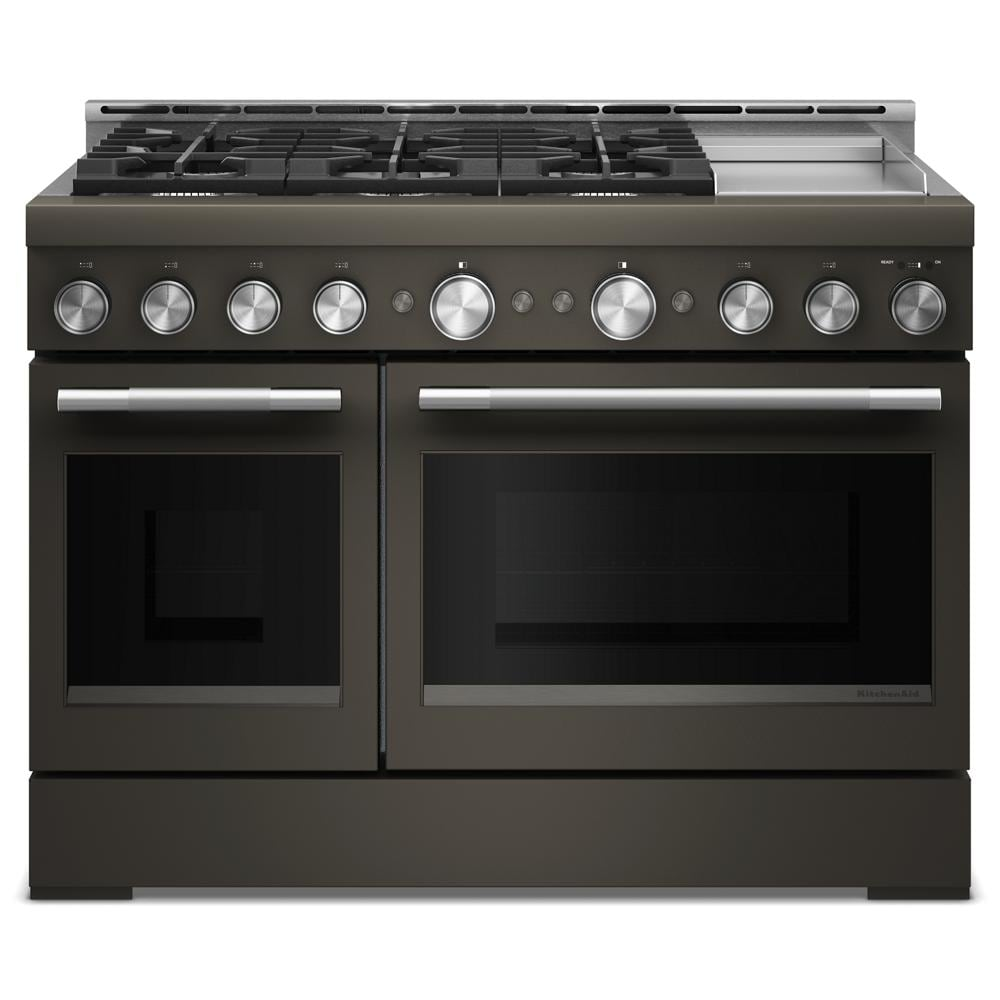 Commercial-style black gas range with six burners, stainless knobs, and dual ovens from kitchen appliances collection