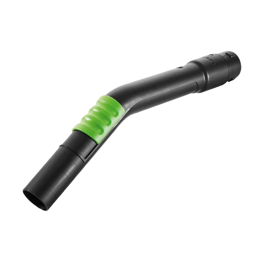 Curved black polypropylene dust extractor tube with green anti-static grip for tools and home improvement use