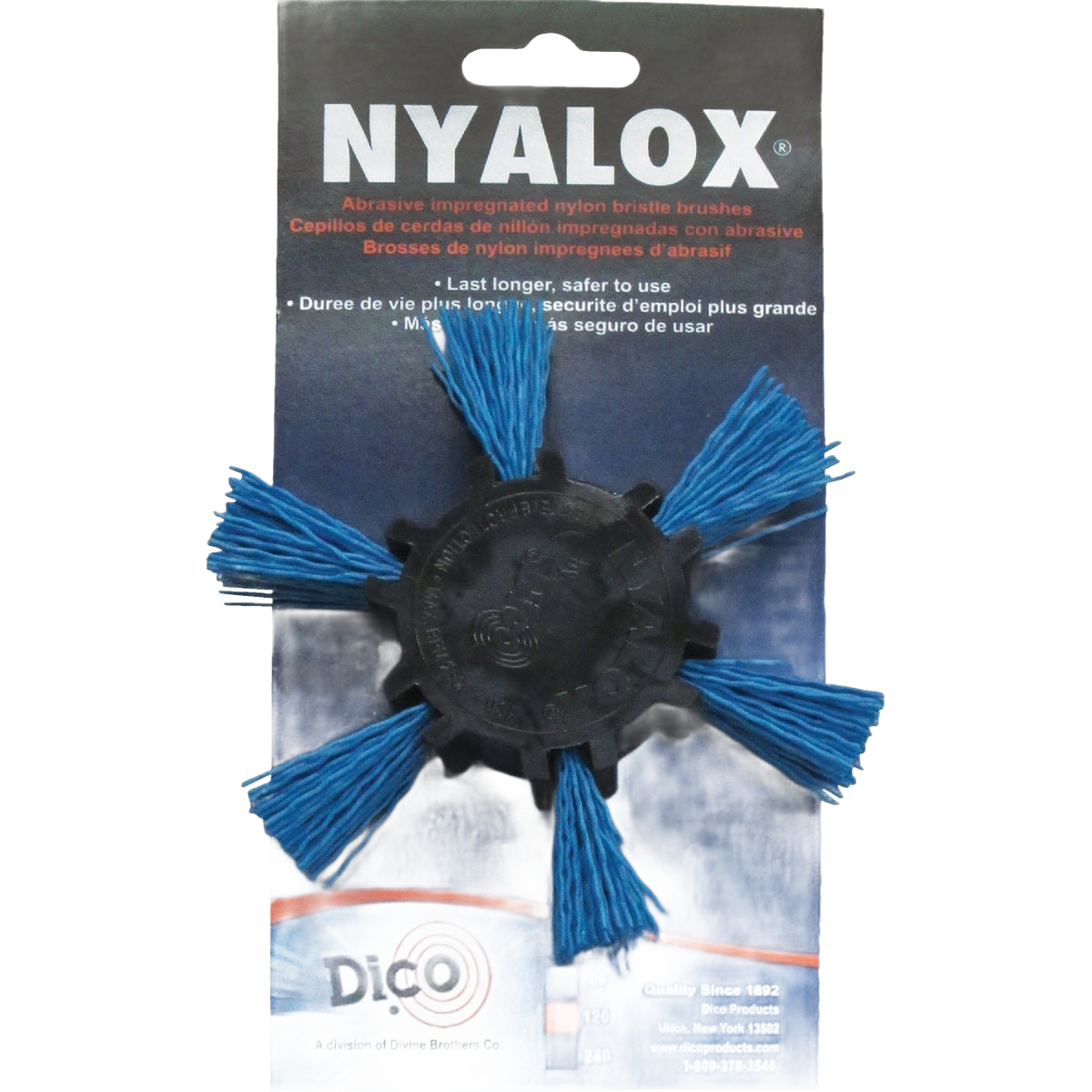 Blue abrasive nylon flap brush with eight bristle clusters for woodworking and power tool accessories under $50