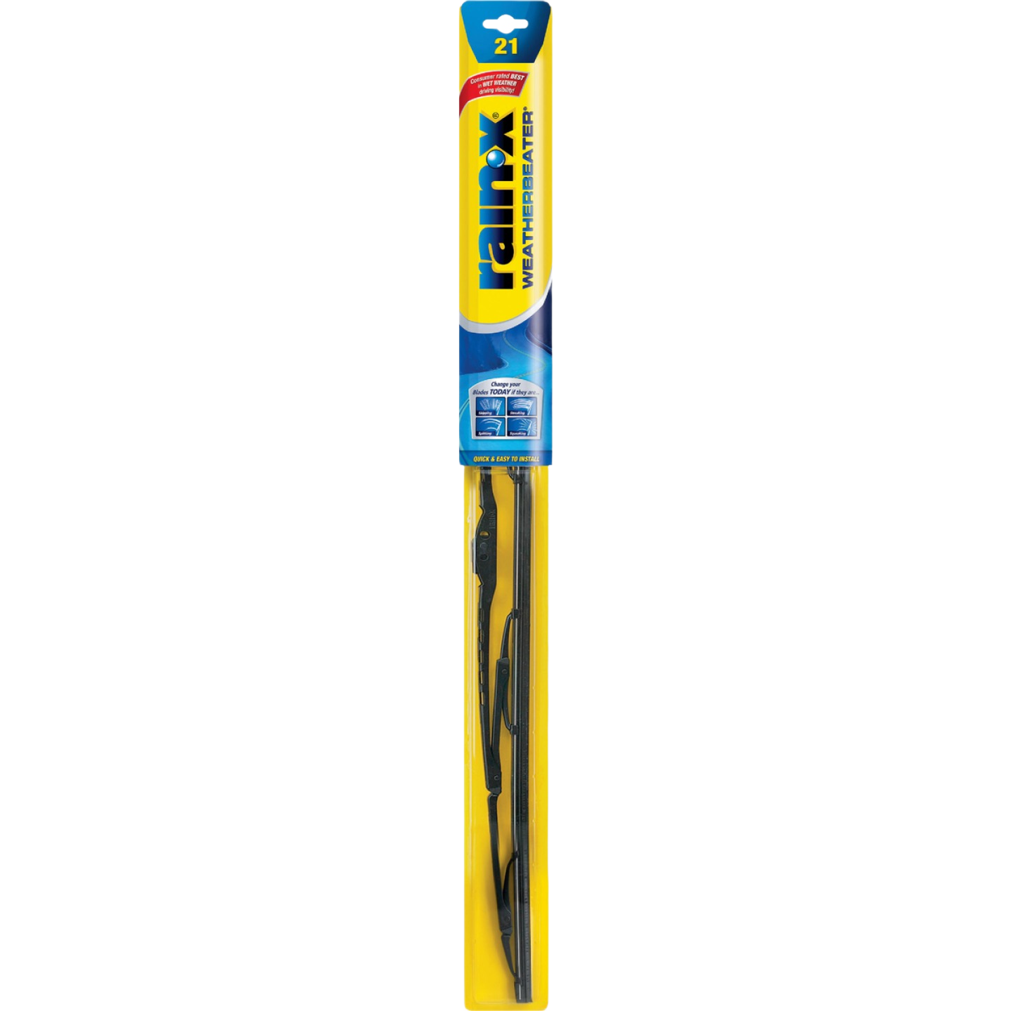 Black 21-inch Rain-X Weatherbeater wiper blade in yellow packaging for improved visibility and home improvement use