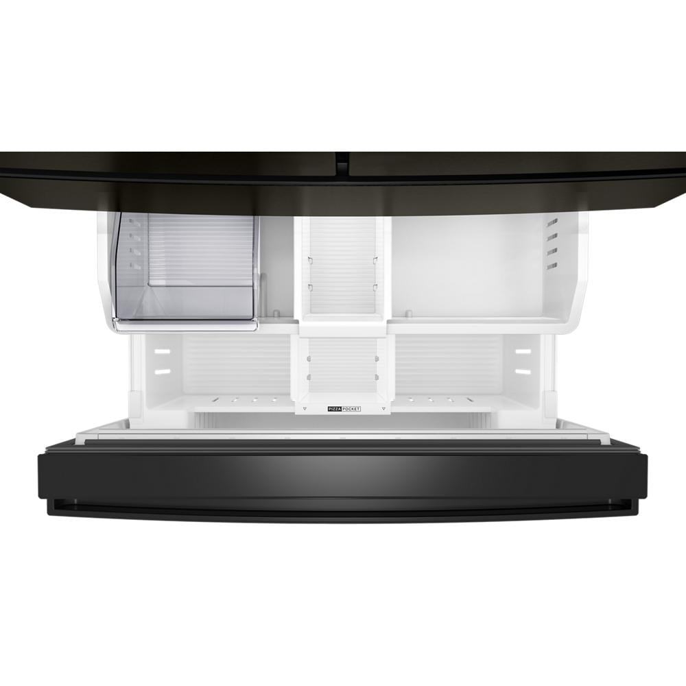 Open flexible temperature drawer with adjustable compartments in Whirlpool black French door refrigerator from kitchen appliances collection