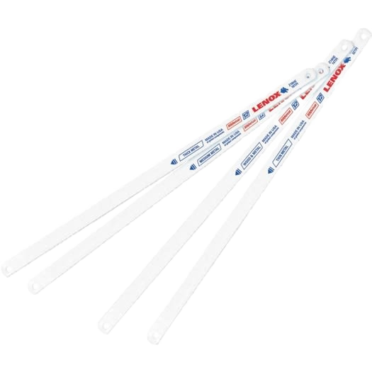 Set of four white bi-metal hacksaw blades with 18 teeth per inch, designed for durability and precision in woodworking and power tool accessories at Hartville Hardware.