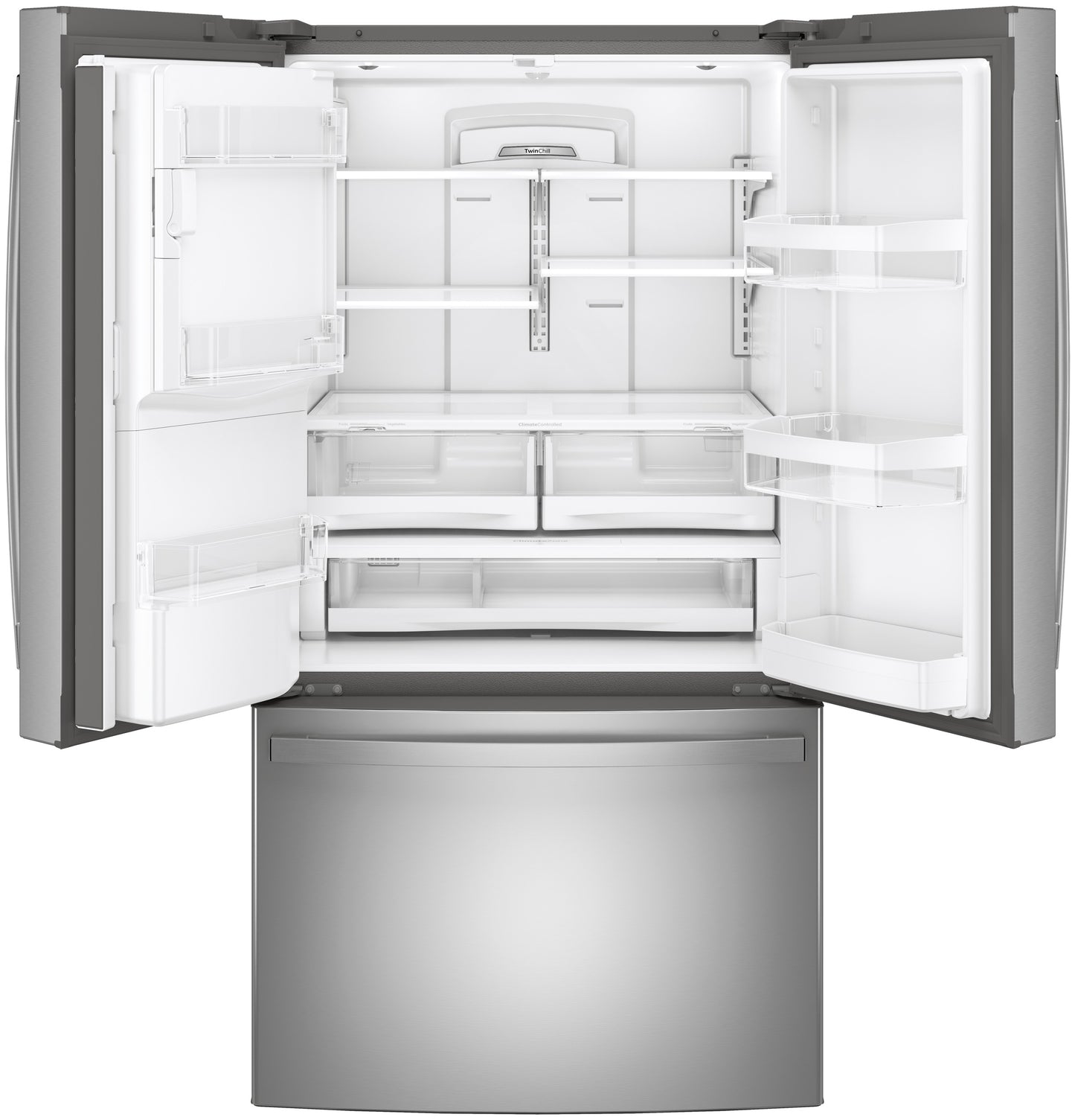 Fingerprint resistant French-door refrigerator with spacious interior, adjustable shelving, and bottom freezer drawer in kitchen appliances collection