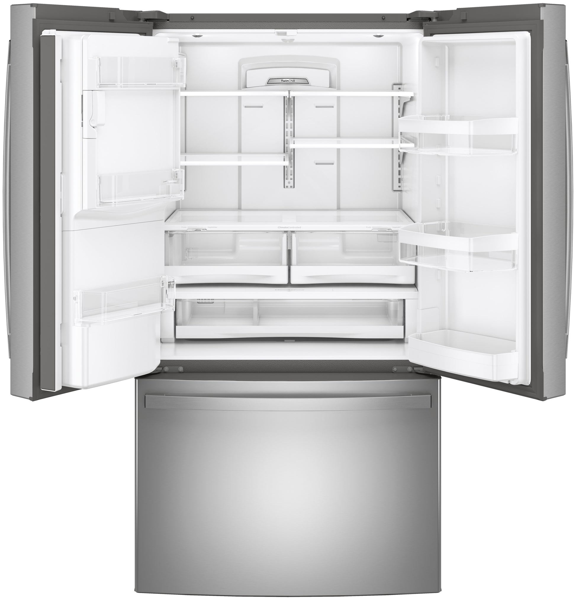 Fingerprint resistant French-door refrigerator with spacious interior, adjustable shelving, and bottom freezer drawer in kitchen appliances collection