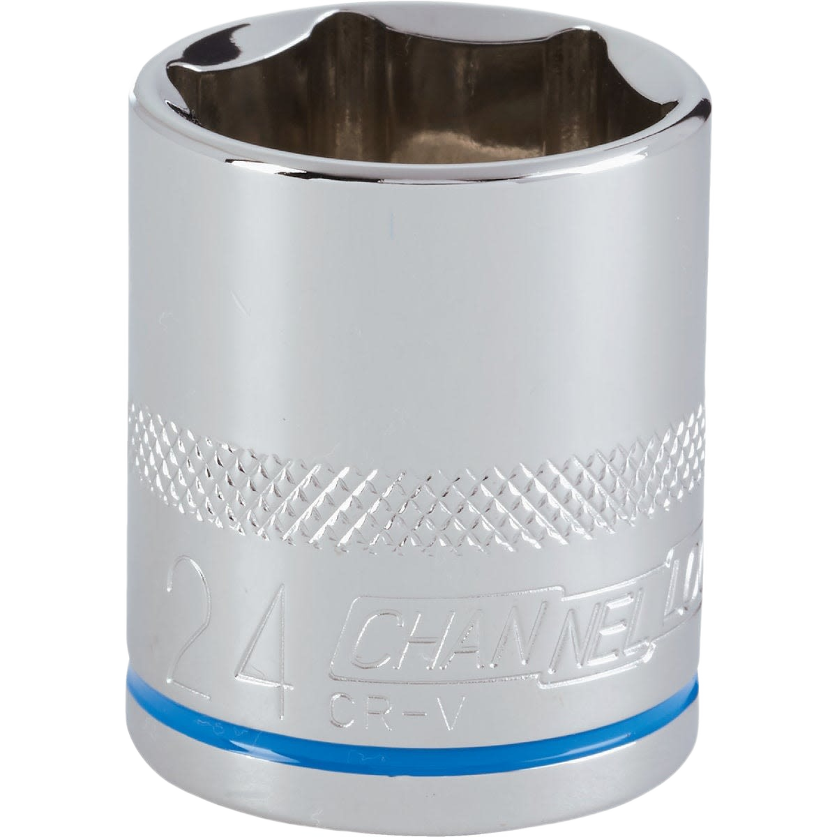Chrome plated 24mm shallow 6-point socket with textured grip band for hand tools and home improvement use
