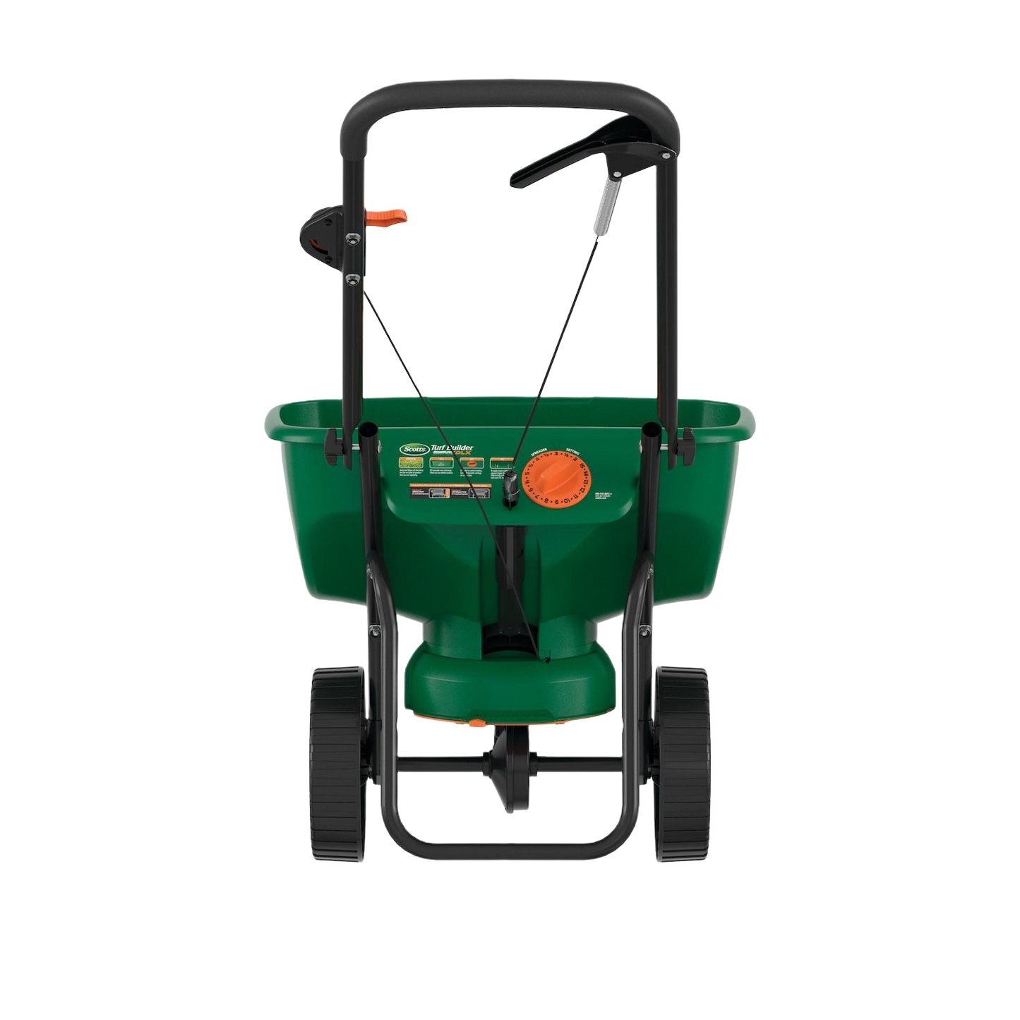 Green broadcast spreader with dual wheels and adjustable dial for even fertilizer and seed distribution in lawn care tools