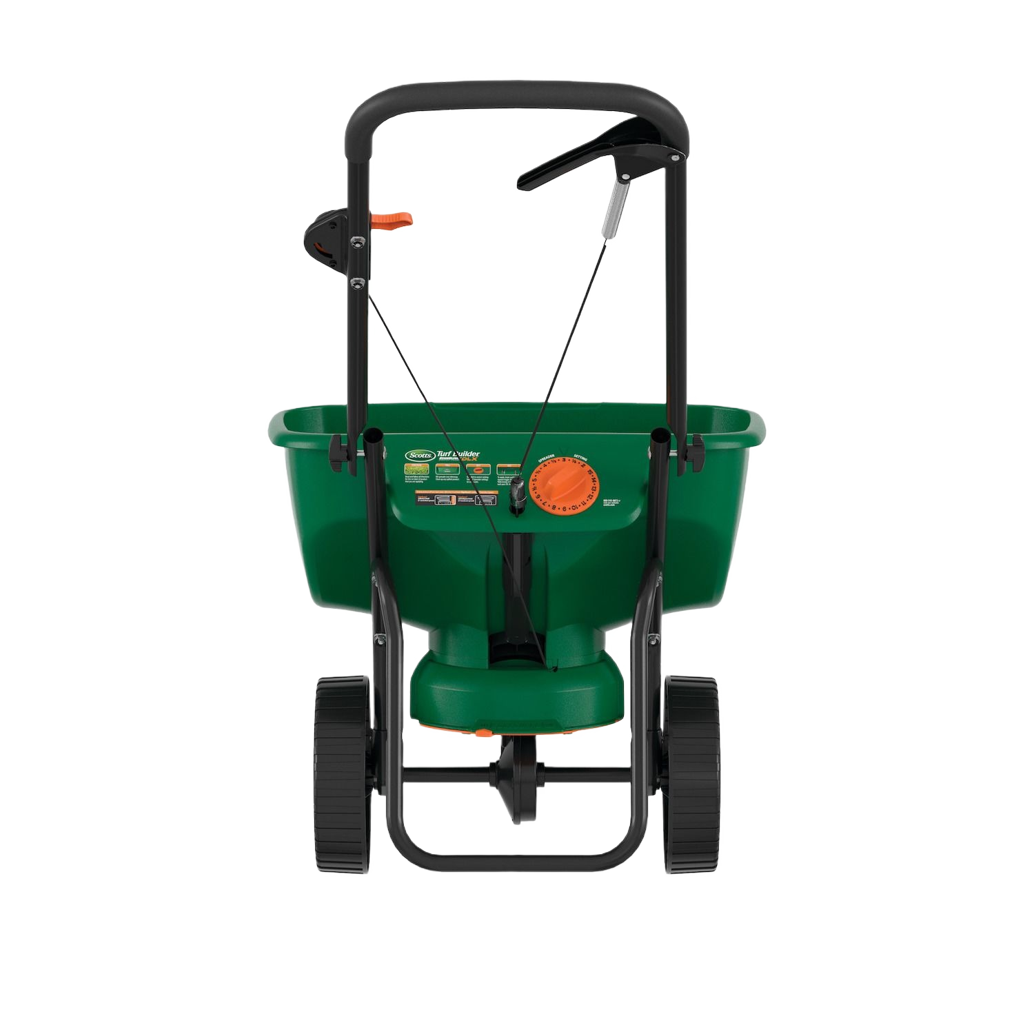 Green broadcast spreader with dual wheels and adjustable dial for even fertilizer and seed distribution in lawn care tools