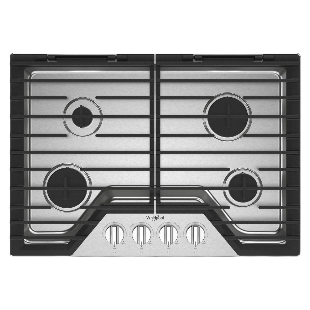 Stainless steel gas cooktop with four burners and hinged cast-iron grates designed for home improvement kitchens