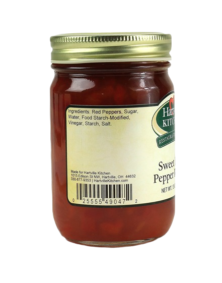 Glass jar of Hartville Kitchen sweet red pepper relish with gold lid in preserved goods and food & beverage collections