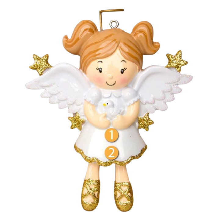 Blonde angel girl ornament holding a white dove with wings and gold glitter stars for Christmas décor