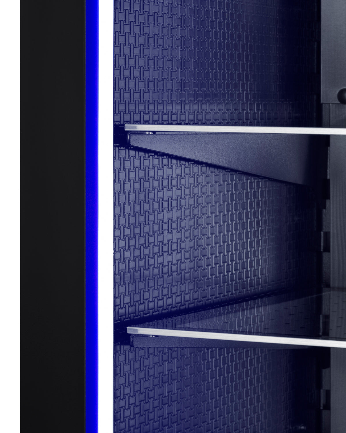 Close-up of textured interior wall and floating glass shelves illuminated by blue LED lighting in beverage center appliance