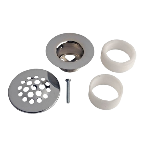 Chrome-plated tub drain strainer set with perforated cover, threaded drain fitting, mounting screw, and plastic spacers for installation