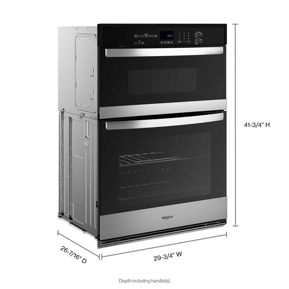 Modern black and stainless steel microwave combo wall oven with digital control panel and dual cooking compartments