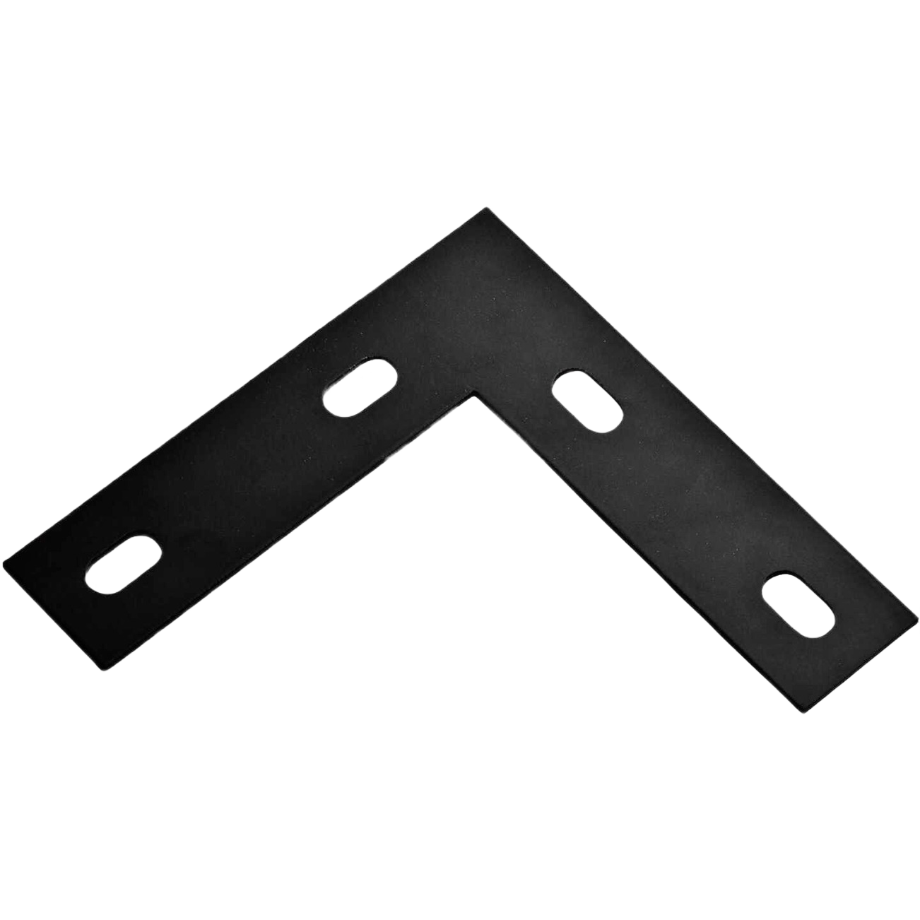 Black powder-coated metal corner brace with slotted holes for fastening in building hardware and home improvement projects under $50