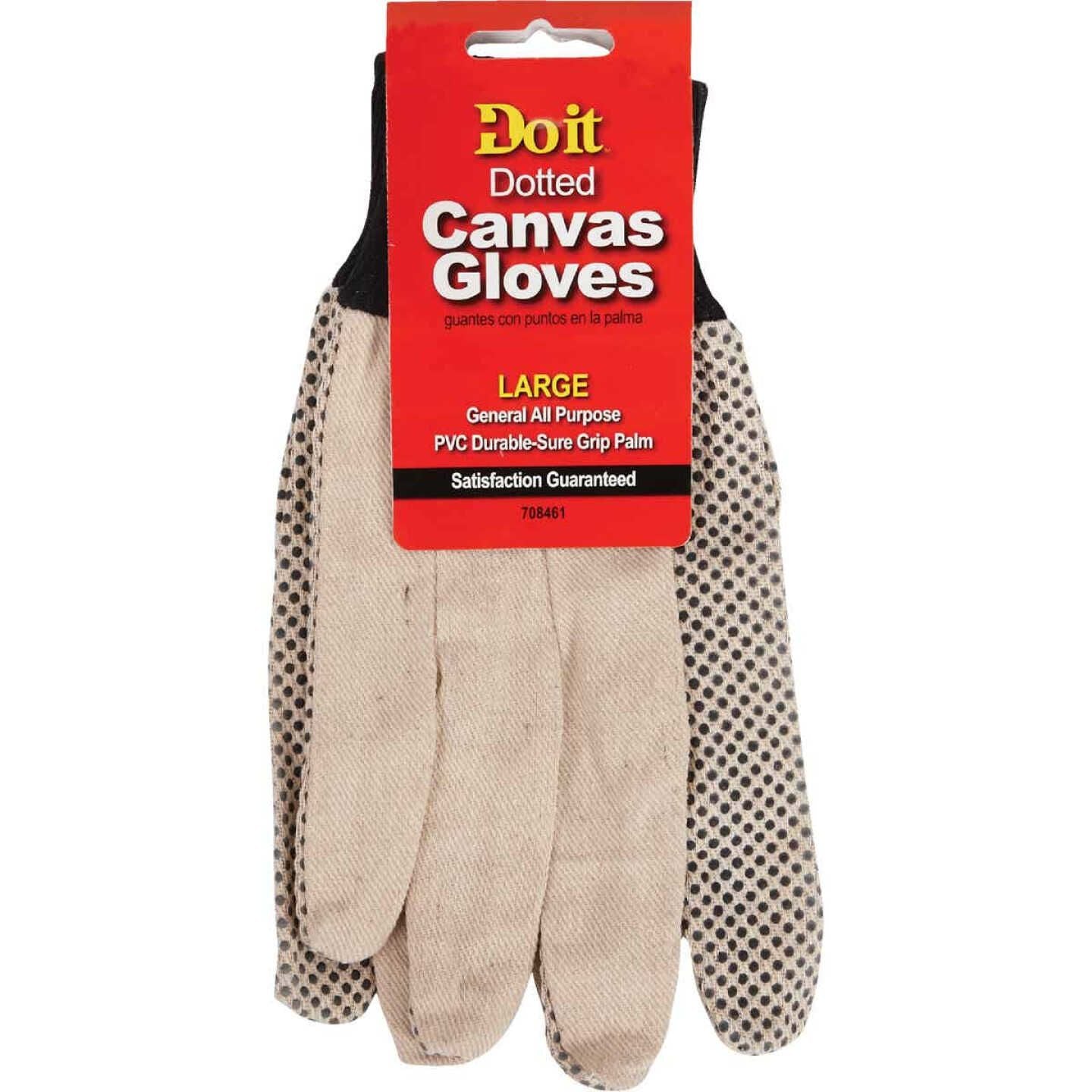 Large men's cotton canvas work gloves with durable PVC dotted grip palms and black knitted cuffs for safety and home projects