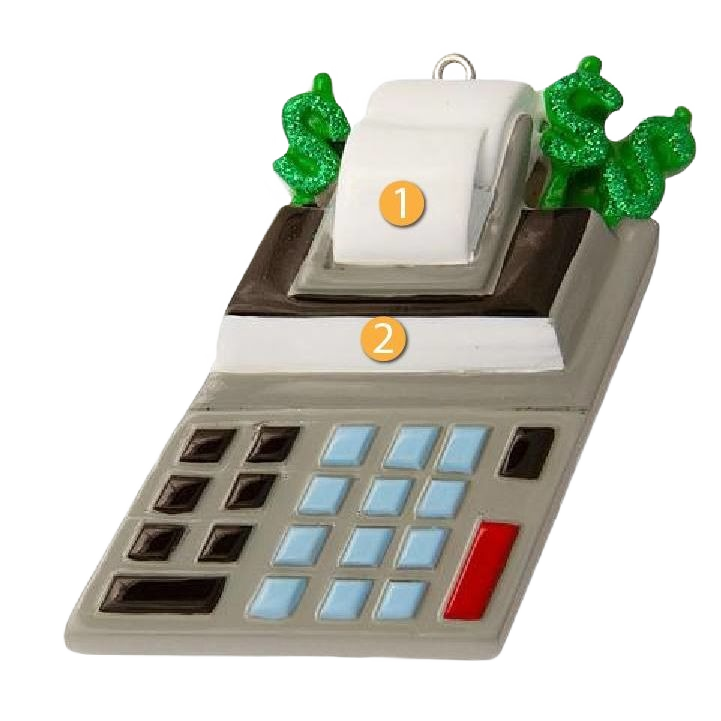Calculator-shaped Christmas ornament with green dollar sign decorations, part of Christmas Ornaments & Tree Decorations collection under $50