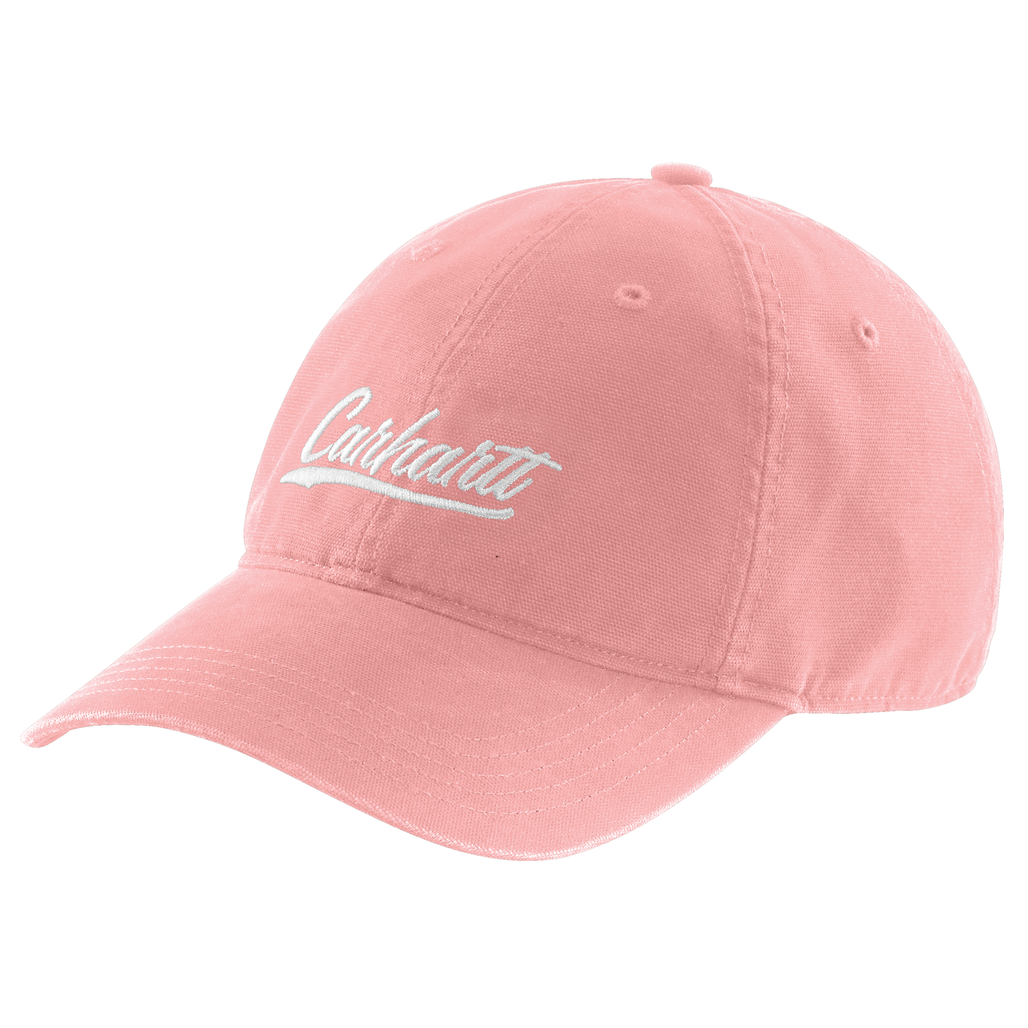 Soft pink washed cotton canvas cap with curved visor and white embroidered script logo, designed for women's casual and outdoor wear.