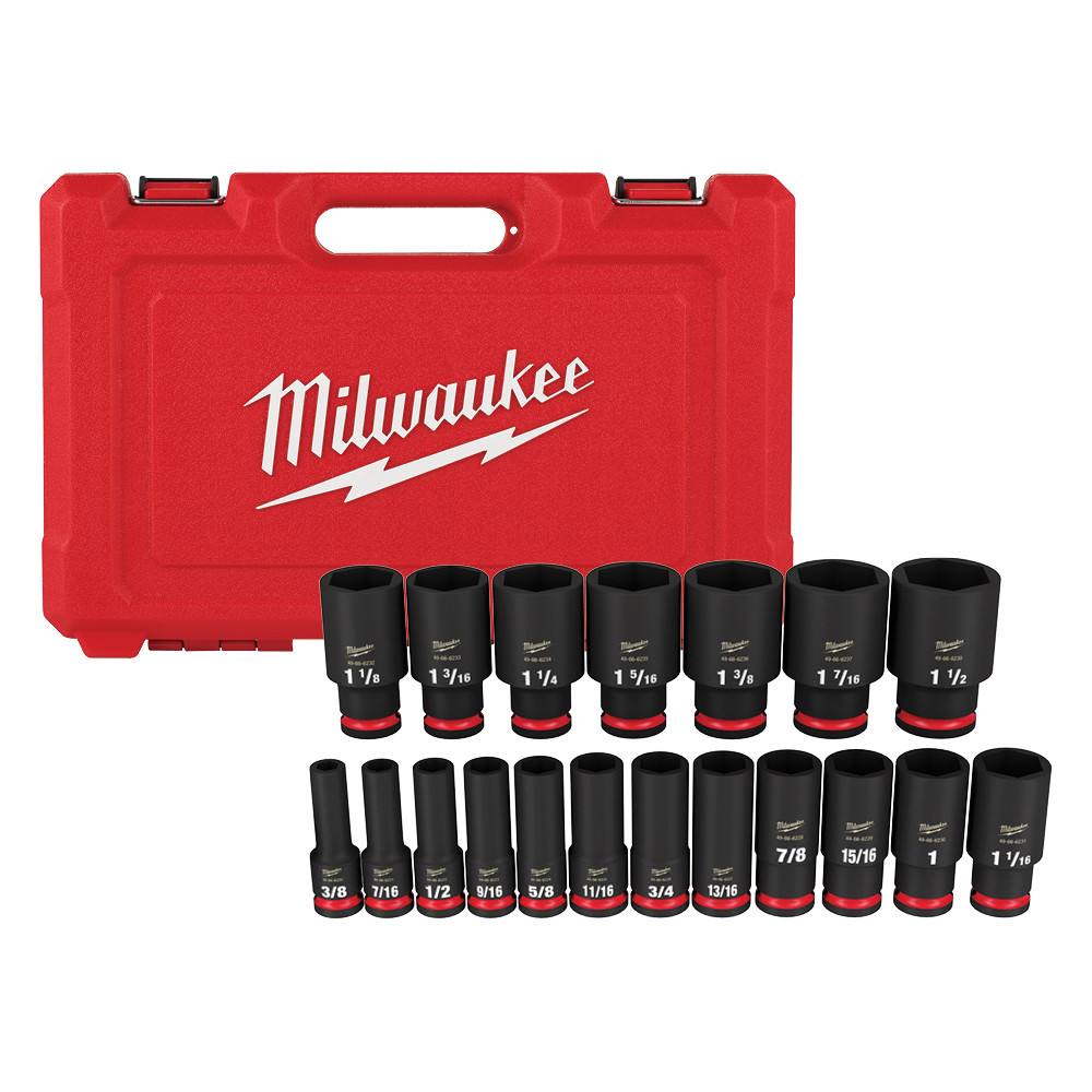 Set of 19 SAE deep impact sockets with 6-point design in a red storage case for hand tools and home improvement