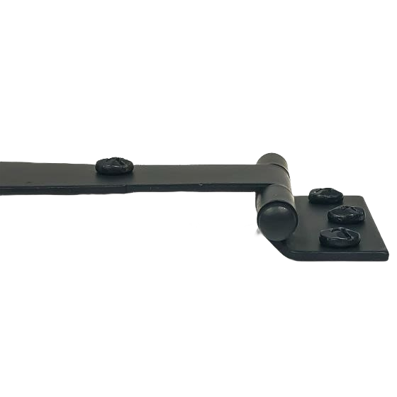 Black smooth metal spear-style cabinet strap hinge with 3/8 inch offset for home improvement projects and tools