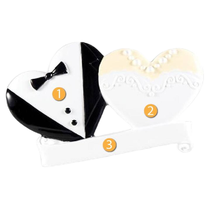 Heart-shaped bride and groom ornament with tuxedo and pearl necklace design, festive Christmas decoration under 50 dollars