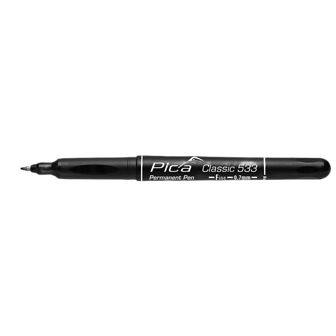 Black fine nib permanent pen with ergonomic grip and visible branding for precision writing and home improvement tasks